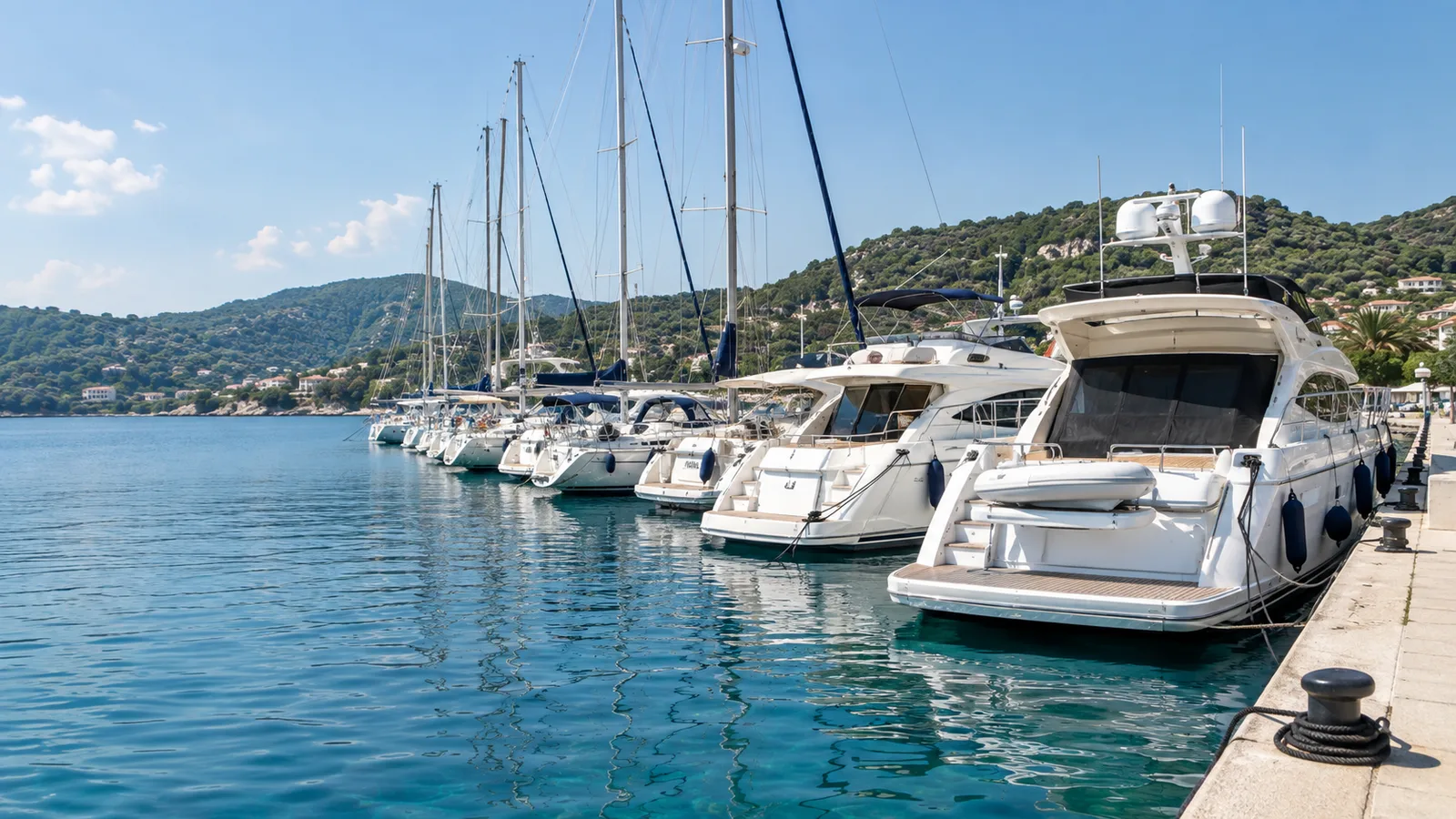 Motoryachten und Segelyachten am Kai einer griechischen Marina