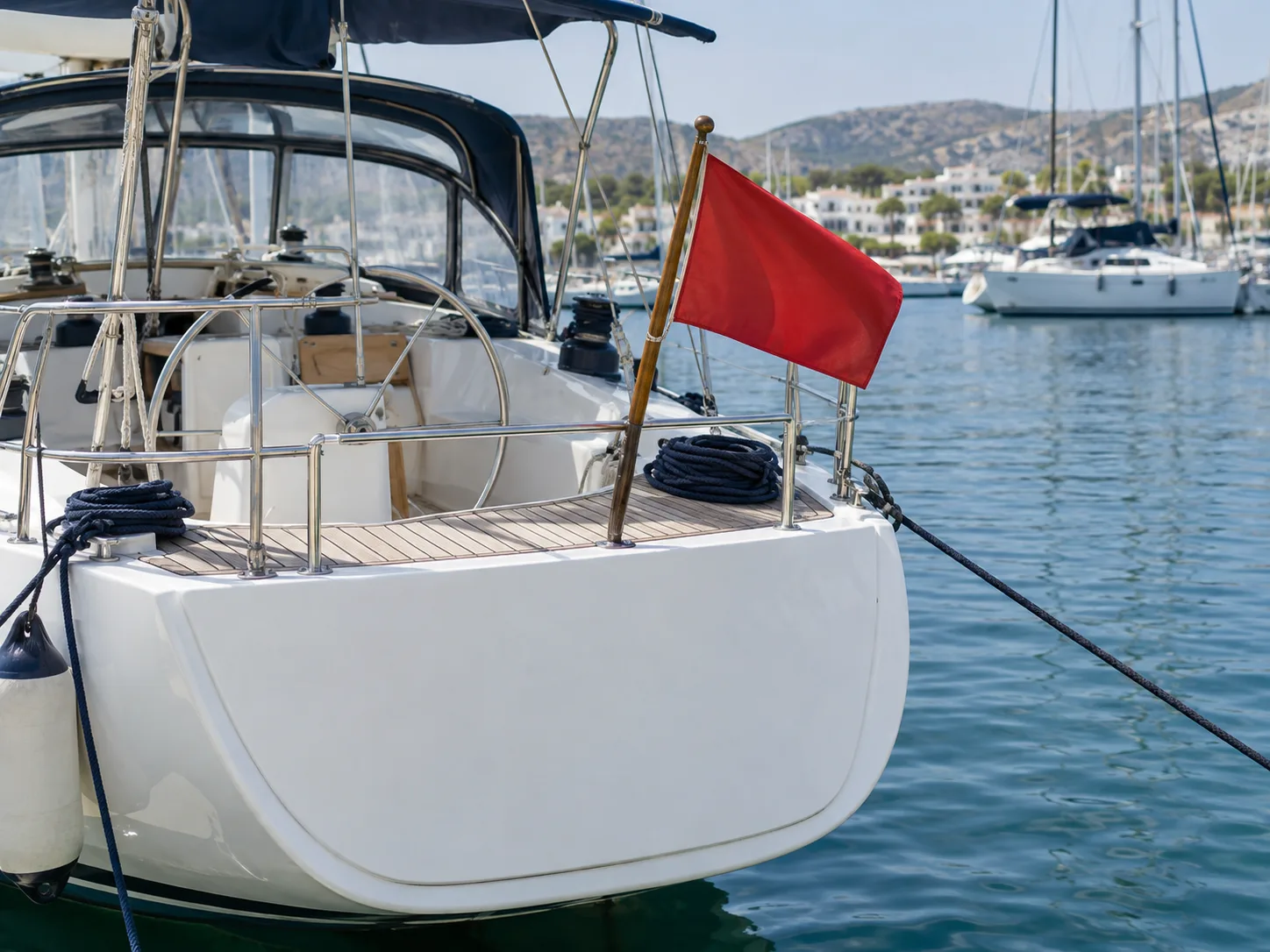 Stern of a sailing yacht moored in a marina with a flag on the flagstaff