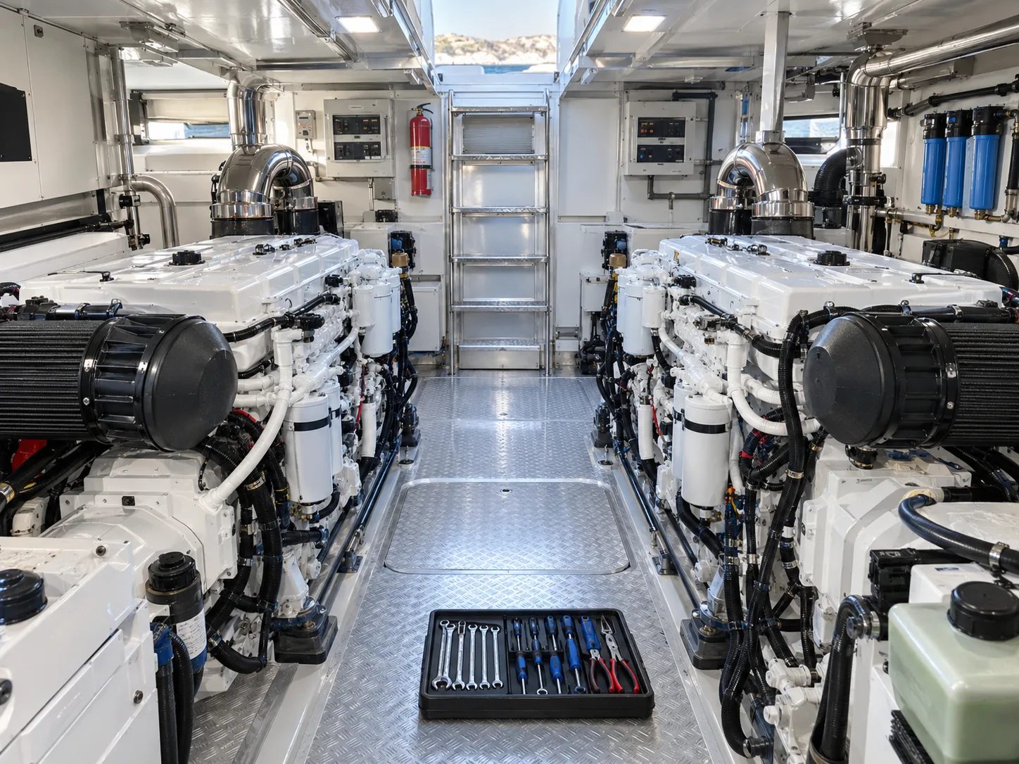 Clean engine room of a motor yacht with two marine diesel engines and a tool tray